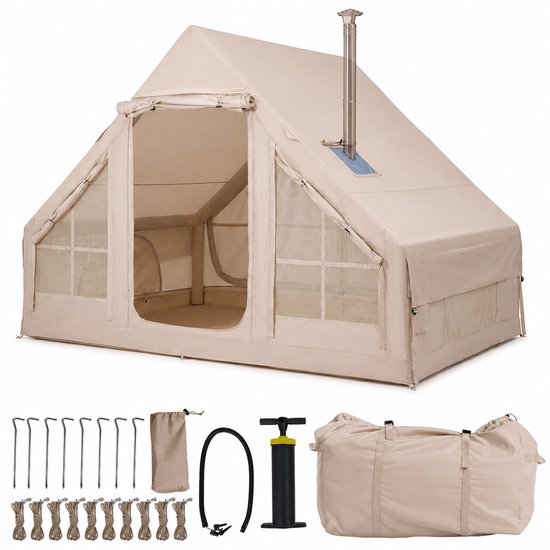 Opblaasbare tent - pblaasbare glamping tent - Waterdicht - Tot 4 personen - Kaki - Camping - Tuin - Glamping - 295 Lx 205 B x 200 H cm