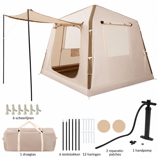 Opblaasbare tent - pblaasbare glamping tent - Waterdicht - Tot 4 personen - Khaki - Camping - Tuin - Glamping -206 L x 206 B x 180 H cm