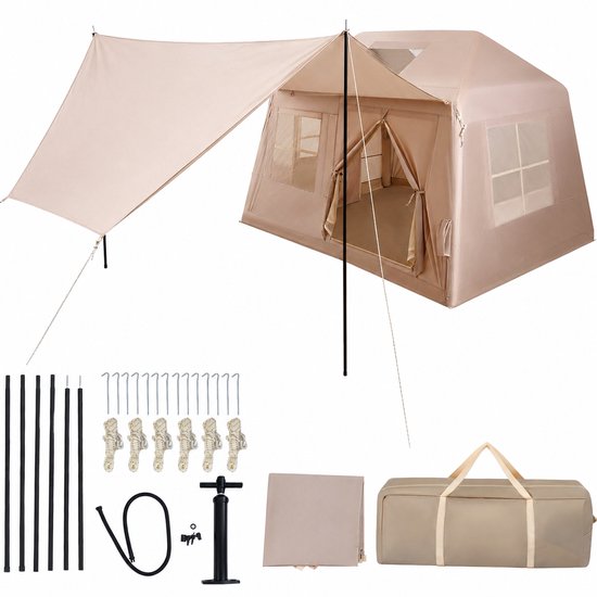Opblaasbare tent - pblaasbare glamping tent - Waterdicht - Tot 6 personen - Khaki - Camping - Tuin - Glamping - 253L x 213 B x 183 H cm