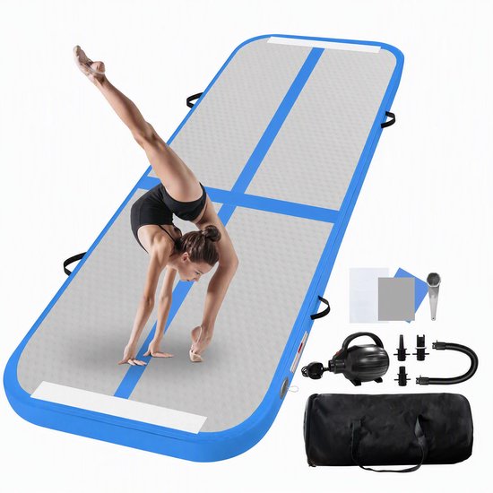 Opblaasbare turnmat, 2 m/3 m/4 m/5 m/6 m, 10 cm hoog, luchttrainingsmat met luchtpomp, voor familiegebruik, yoga, water, dans, 5 m x 1 m x 20 cm, blauw