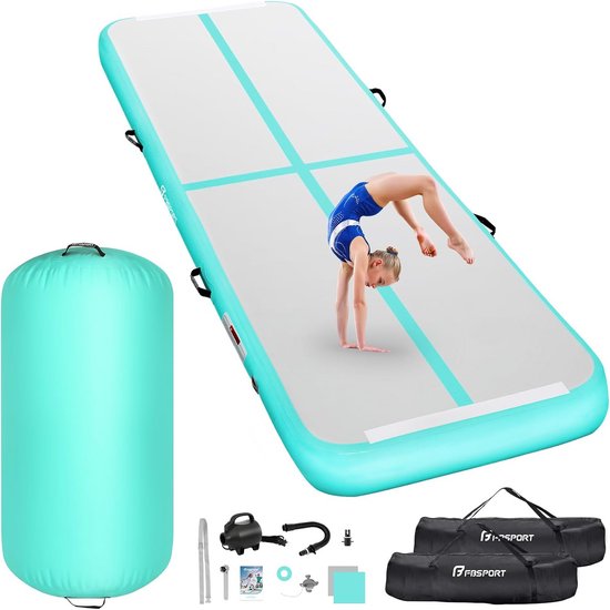 Opblaasbare turnmat - Air track set - Gymnastiek en yoga - Met luchtpomp - 4 meter lang - Blauw