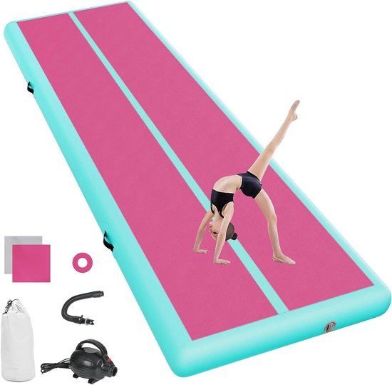 Opblaasbare Turnmat - Gymnastiekmat Yogamat - Thuis Sporten - Inclusief Luchtpomp - 3 meter lang - Rood Groen