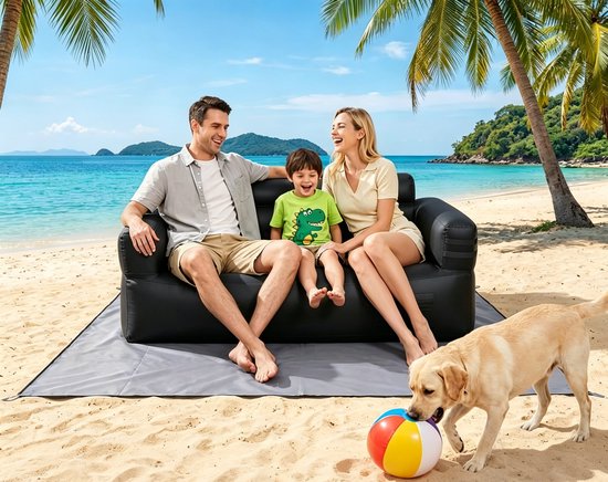 Opblaasbare tweepersoonsbank met ingebouwde luchtpomp afmeting 170x83x80cm waterdichte wasbare kationstof hoes snel opblazen zonder losse pomp voor ontspanning tijdens kamperen strand en thuisfilmavonden