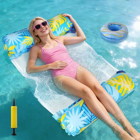 Opblaasbare Water Hammock: 4-in-1 Air Mattress met Net en Cup Holder voor Strand en Zwembad Fun