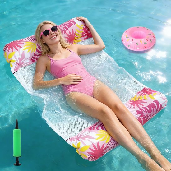Opblaasbare Water Hammock met Net en Bekerhouder - 4-in-1 Air Mattress voor Volwassenen, Perfect voor Strand en Zwembad Feestjes