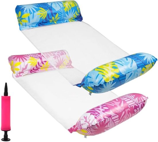 Opblaasbare Water Hammock Set van 2, 4-in-1 Air Mattress voor Zwembad, Inclusief Handpomp en Accessoires