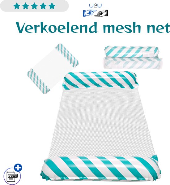 Opblaasbare Waterhangmat Blauw 110x70 cm - Zwemmatras met Mesh Net voor Zwembad Strand en Vakantie - Drijvende Lounger Stoel met Blauw Witte Strepen - Compact Opvouwbaar Watermatras tot 70 kg - Comfortabel Relaxen op het Water - Met Ebook