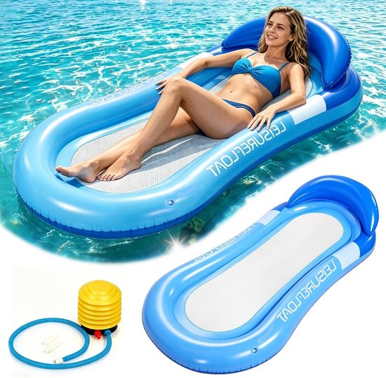 Opblaasbare waterhangmat - Luchtbed zwembad - Ontspannen in water - Met hoofdsteun - 160 x 90 cm - Blauw