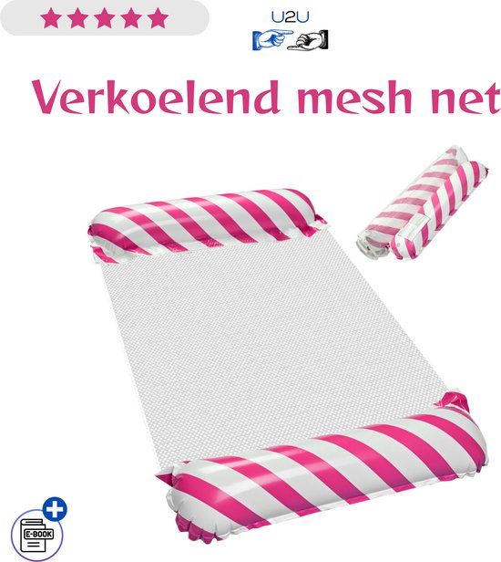 Opblaasbare Waterhangmat Roze 110x70 cm - Zwemmatras met Mesh Net voor Zwembad Strand en Vakantie - Drijvende Lounger Stoel met Roze Witte Strepen - Compact Opvouwbaar Watermatras tot 70 kg - Comfortabel Relaxen op het Water - Met Ebook