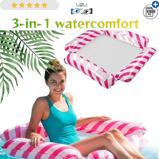 Opblaasbare Waterhangmat Roze 3-in-1 100x100 cm - Zwemmatras Lounger en Waterstoel voor Zwembad Meer en Zee - Drijvende Waterhangmat met PVC Mesh Net - Compact Opvouwbaar Watermatras tot 70 kg - Comfortabel Relaxen op het Water - Met Ebook