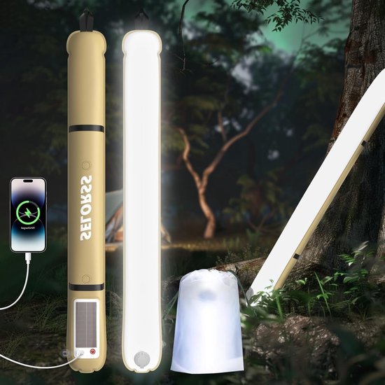 Opblaasbare Zonne-energie Campinglamp - Vouwbare Telescopische Lamp 2000mAh LED Licht, Waterdicht voor Buitenactiviteiten, Hiking en Kamperen - Khaki