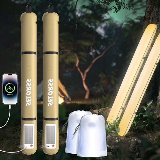 Opblaasbare Zonne-energie Campinglamp - Vouwbare Telescopische Lamp, Draagbaar en Waterdicht met 2000mAh LED Licht voor Buitenactiviteiten - 2 Stuks Khaki van Merkloos