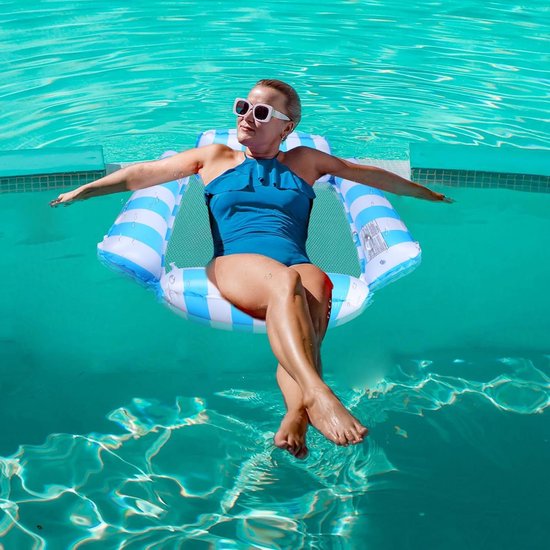 Opblaasbare zwembadhangmat - Waterbed voor kinderen en volwassenen - Drijvend feest zomer strand - Draagbaar zwembad bed - Blauw wit - 1 stuk waterhangmat van Merkloos