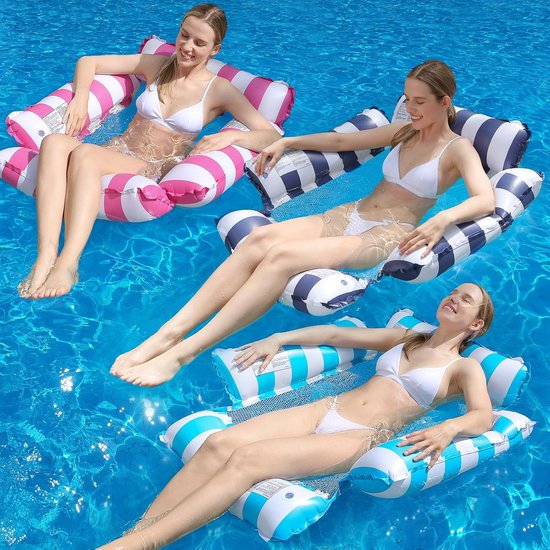 Opblaasbare zwembadvlotterstoel lounge voor drijvende volwassenen en kinderen, streeppatroon drijvende hangmat voor zwembadfeest zomer waterplezier (marineblauw+lichtblauw+roze)