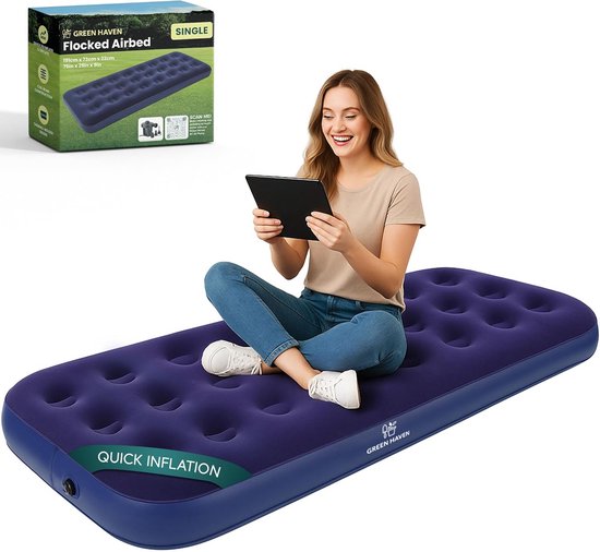Opblaasbed Eenpersoons - Luchtbed Kamperen - Slaapcomfort Buiten - Waterdicht Gevlokt Oppervlak - 191 x 73 x 22 cm - Blauw