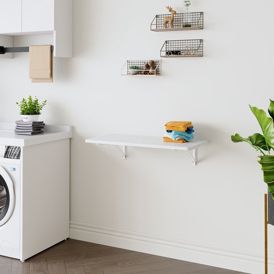 Opklapbaar Wandtafeltje - 80x40 Cm Wit - Ruimtebesparende Vouwtafel Van Massief Hout - Voor Waskamer, Keuken, Garage Of Thuiskantoor