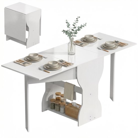 Opklapbare eettafel - keukentafel met opbergruimte voor 2 - 4 personen - opklapbare tafel voor kleine ruimtes - eetkamer - 160 x 60 x 75 cm - wit