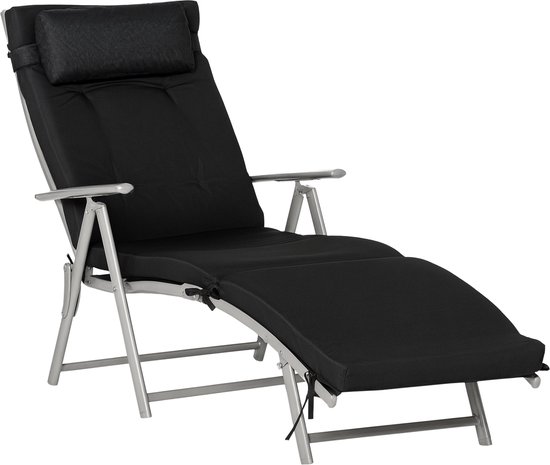 Opklapbare ligstoel/strandstoel met hoofdsteun en zitkussen - verstelbare rugleuning met 7 standen - tuinstoel/relaxstoel - draagvermogen tot 165 kg - voor tuin - vakantie en buitengebruik - zwart