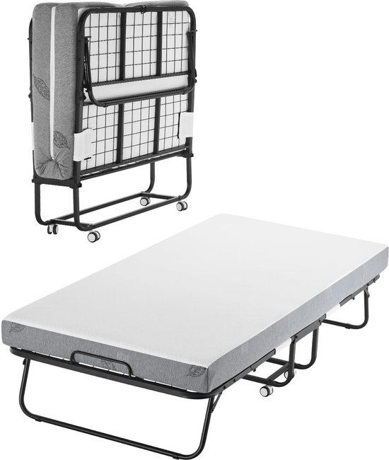 Opklapbed met Matras - Gastenbed Uitklapbaar - Tijdelijk Slapen - Stevig Stalen Frame - 190 x 98 cm - Grijs