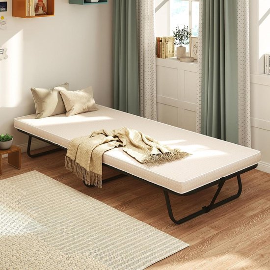Opklapbed met Matras - Gastenbed Vouwbed - Comfortabel Slapen - Compact Opvouwbaar - 80 x 190 cm - Zwart Beige