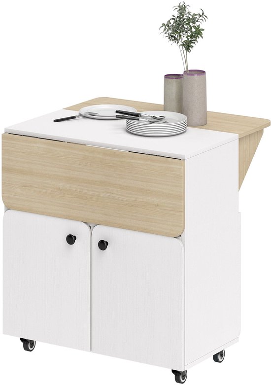 Opklaptafel – Klaptafel – Vouwtafel – Campingtafel – Tuintafel – Inklapbaar met Opbergruimte – 4 Zwenkwielen Wit/Natuurlijk Hout 70x83x75 cm