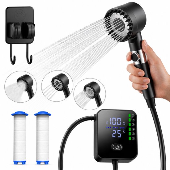 Oplaadbare Camping douche met 2 waterfilters - 24x douchebeurten - 3 Standen (Mist, Normaal, Vol) - Buitendouche voor kamperen, honden, auto, fiets en camper - FLOAT Campingdouche Oasis