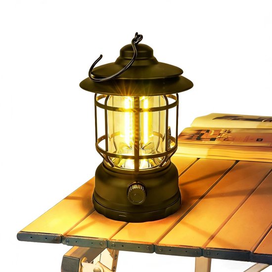 Oplaadbare Camping Lantaarn – Retro Design – Draaibare Dimmer – Waterdicht – Draagbaar – Voor Camping, Wandeltochten En Noodverlichting – 290 Gram – 1 Stuk – Zwart