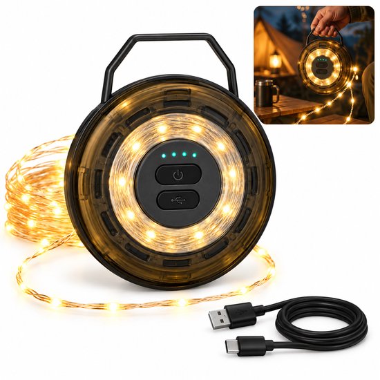 Oplaadbare Campinglamp - 10 m Oprolbaar Lichtsnoer - 2000 mAh - 6 Lichtstanden - USB-C - IPX4