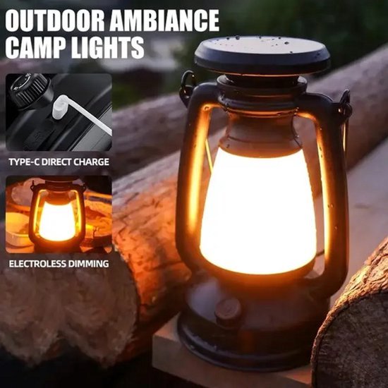 Oplaadbare decoratieve sfeerverlichting, retro lantaarn, LED-tafellamp, outdoor camping barlamp, tafellamp, lantaarn, woondecoratie - zwart