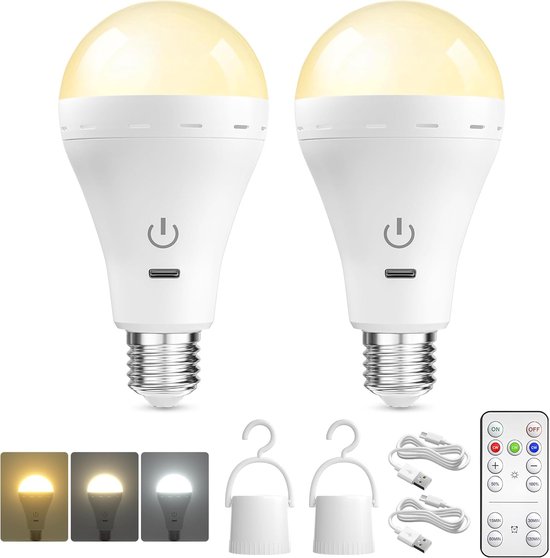Oplaadbare e27 led lamp - Led lampen - Led lights - 3 kleurtemperaturen - Met afstandsbediening/oplaadbaar/timerfunctie/Dimbaar - Draadloze noodverlichting voor binnen en buiten - 2 stuks van Merkloos