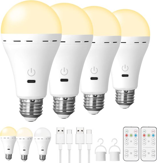 Oplaadbare e27 led lamp - Led lights - 3 kleurtemperaturen - Met afstandsbediening/oplaadbaar/timerfunctie/Dimbaar - Draadloze noodverlichting voor binnen en buiten - 4 stuks