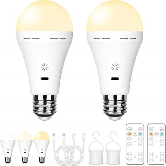 Oplaadbare Gloeilamp Afstandsbediening & Touch, 3000K Warm Licht 2 Stuk | 2600mAh Batterij, Accu, 7W 700lm, LED Dimbaar, USB-C, 3 Timer, Haak Inclusief, Voor Lampen Zonder Stroom, Noodverlichting