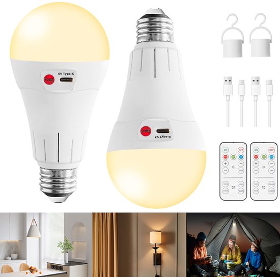 Oplaadbare lamp 2 stuks - E27 oplaadbare lamp met afstandsbediening - 7w 2000mah dimbare lamp - Oplaadbare lampen voor binnen - Oplaadbare campinglamp - Werkt bij stroomuitval
