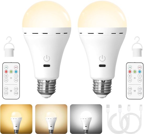 Oplaadbare lamp met afstandsbediening 2 stuks - 3W E27 dimbare 3 kleurtemperaturen - Noodverlichting tot 35 uur - Draadloze lamp voor in uw lamp of op de camping