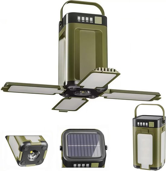 Oplaadbare LED Kampeerlamp op Zonne-energie & USB - 360° Verlichting met 4 Opvouwbare Bladen - Noodlamp bij Stroomuitval met 6 Standen & SOS - Voor Camping & Thuis - Energielabel A