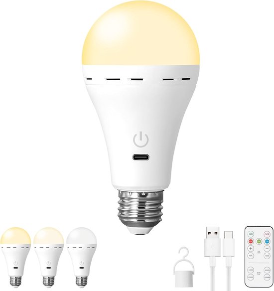 Oplaadbare LED Lamp met Afstandsbediening, E27 Fitting 3W, USB-C Oplaadbare Noodlamp met Batterij, 3 Kleurstanden & Dimbaar, Timerfunctie, Touch Control, Hanglamp voor Binnen & Buiten