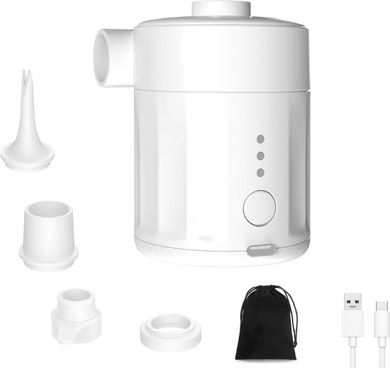 Oplaadbare Multifunctionele USB Vacuüm- en Blaaspomp met 4 Opzetstukken en Opbergtas, Draagbaar voor Vacuümzakken, Luchtbedden en Opblaasartikelen