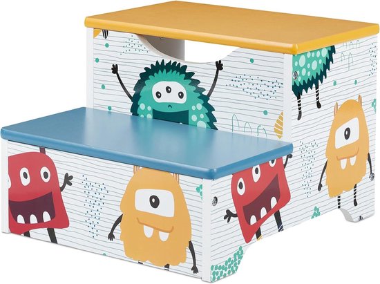 Opstapkrukje kind monster design laag opstapje 2 treden - 25 cm hoog - badkamer MDF kinderkrukje - kleurrijk - blauw groen. van Digoshop.