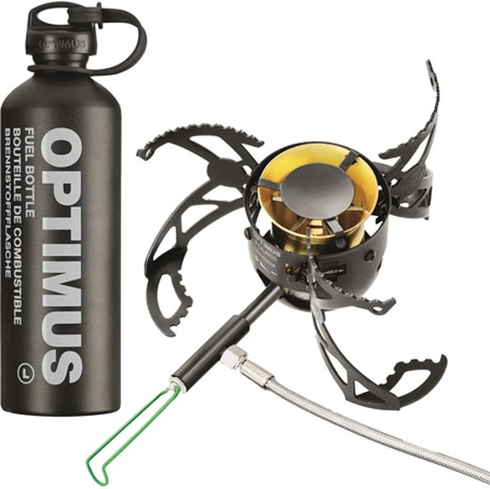 Optimus Polaris + Fuel Bottle - 1L - Kookplaat op gas - Outdoor Kooksysteem - Inclusief Brandstoffles - Nauwkeurige Vlamregeling - Brandt Op Alle Soorten Brandstof - Kooktoestel - Zwart van Optimus