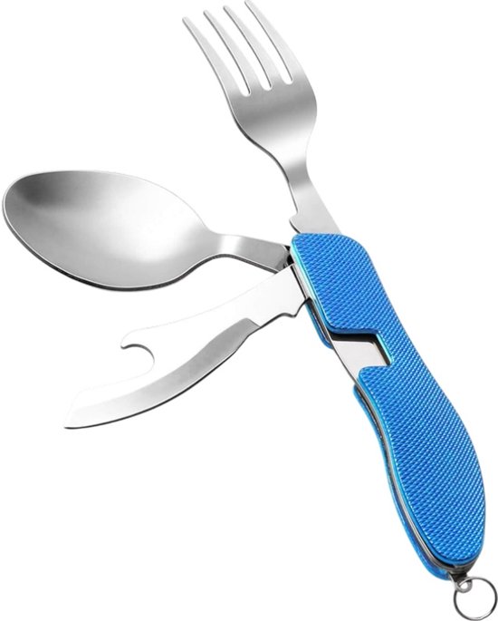 Opvouwbaar bestek - reisbestek - 3-in-1 mes, vork en lepel - kampeerbestek - kampeeraccessoires - geschikt voor thuis, kamperen, picknicks en wandelen - blauw - 18 cm - afmetingen opgevouwen: 10,1 x 2,2 x 1,1 cm