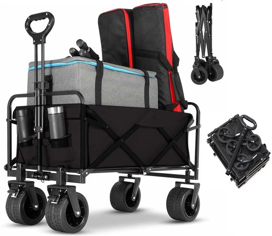 Opvouwbaar Bolderkar- Afneembare wielen - Tot 200kg Draagvermogen - 76*46*24cm -Camping Bolderwagen-kampeerkar- Inhoud 100L Bolderwagen met Duwstang - Opvouwbare Draag Kar - Bolder Wagen Strandkar -Dubbellaags verdikte doek- Kampeerkar-Zwart van LifeGoods