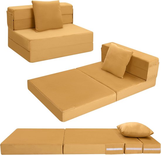 Opvouwbaar Gastenmatras 4-Delig - Comfortabel Schuim - Vloermatras als Logeerbed of Fauteuil - 75x195 cm Geel van Merkloos
