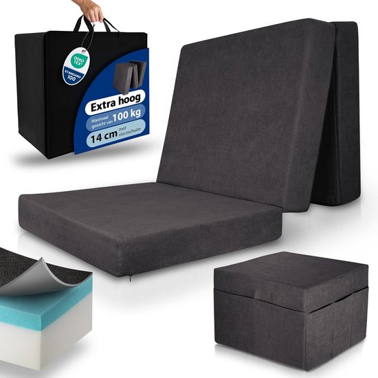 Opvouwbaar Logeermatras 75x195 cm - Extra Dik 14cm Campingmatras met Hoes - Comfortabel Gastenbed van Merkloos