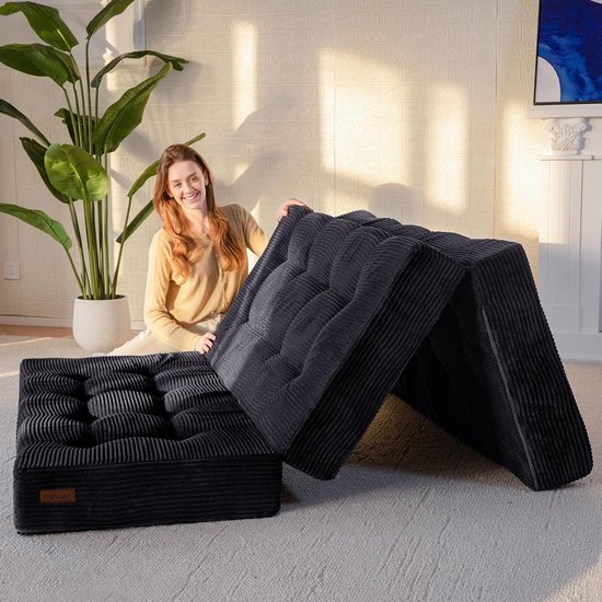 Opvouwbaar Matras - Gastmatras Futon - Ruimtebesparend Slapen - 15cm Schuimvulling - 90x195cm - Zwart van Merkloos
