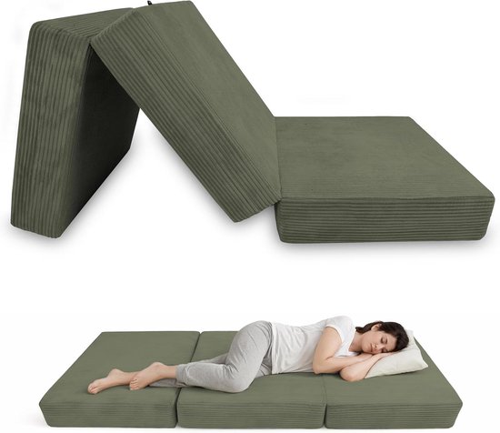 Opvouwbaar Matras - Vouwmatras Logeermatras - Extra Slaapplaats Creëren - 3-delig Ribstof Corduroy - 140x195x15 cm - Khaki van Merkloos