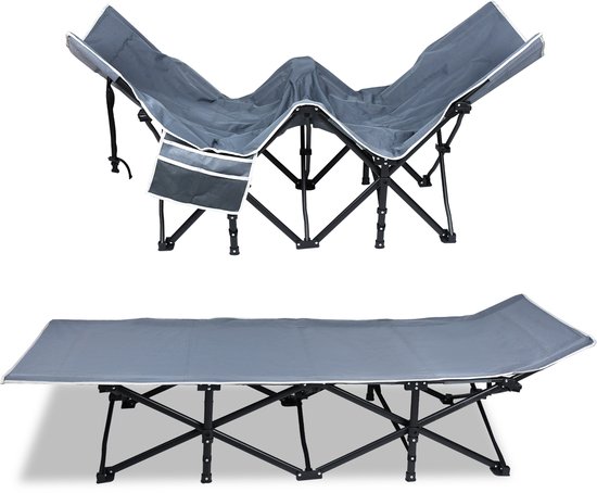 Opvouwbaar Veldbed Camping - 250 kg Belastbaar - 190x62 cm - Met Hoofdsteun & Zijvak - Inclusief Draagtas - Campingbed voor Outdoor & Logeerbed van Merkloos