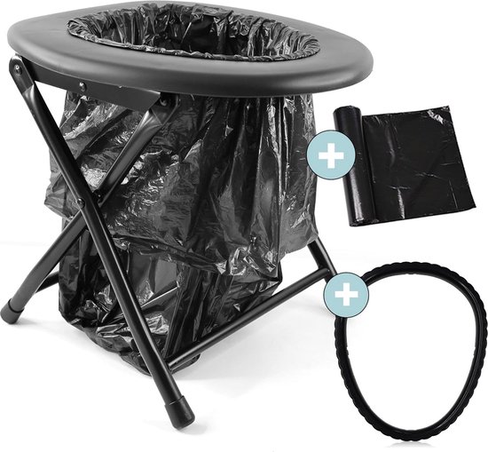Opvouwbaar zwart campingtoilet incl. 15 zakken en bevestigingsring, belastbaar tot 120 kg, ideaal als mobiel noodtoilet onderweg op de camping als reistoilet van Freestone&Co