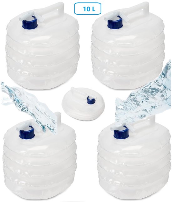 Opvouwbare 10 Liter jerrycan set (4 stuks) - handvat - met kraan - 10L Wateropslag- BPA-vrij - camping - transparantWatertank-Watercontainer van Merkloos