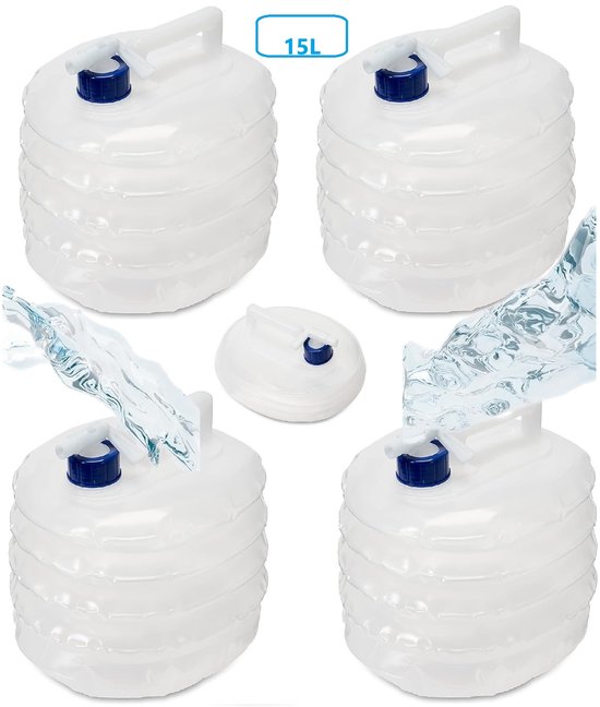 Opvouwbare 15 Liter jerrycan set (4 stuks) - handvat - met kraan - 15L Wateropslag- BPA-vrij - camping - transparantWatertank-Watercontainer van Merkloos
