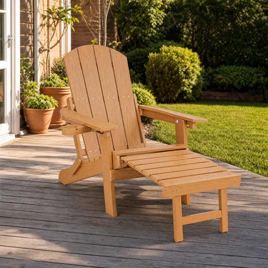 Opvouwbare Adirondack tuinstoel met voetenbank en bekerhouder - teaklook HIPS kunststof loungestoel, verstelbare relaxstoel voor tuin, terras, veranda en balkon, met rugleuning, outdoor living comfort en onderhoudsarme houtlook, 70 x 87/136 x 91 cm